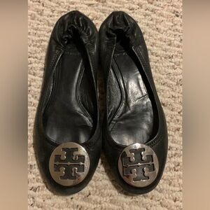 Tory Burch Black Leather Reva Ballet Flats with Gold Logo
